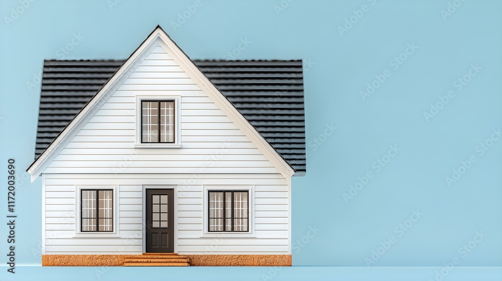 Cozy White Model House with Grey Roof on Blue Background Perfect for Home Design and Real Estate Presentations Cozy White Model House with Grey Roof on Blue Background Perfect for Home Design and Real Estate Presentations