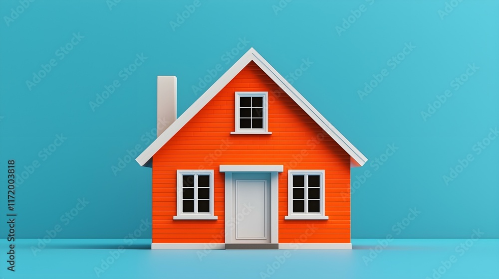 Bright Orange House on a Vibrant Blue Background, Modern Design with Simple Architecture and Clear Windows Bright Orange House on a Vibrant Blue Background, Modern Design with Simple Architecture and Clear Windows