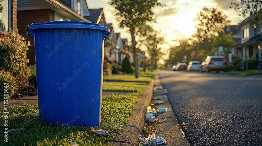 Urban Scene with Trash Bin and Street at Sunset Urban Scene with Trash Bin and Street at Sunset