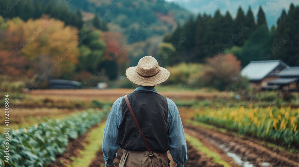 Farmer walking through fields in autumn with vibrant foliage in the background Farmer walking through fields in autumn with vibrant foliage in the background