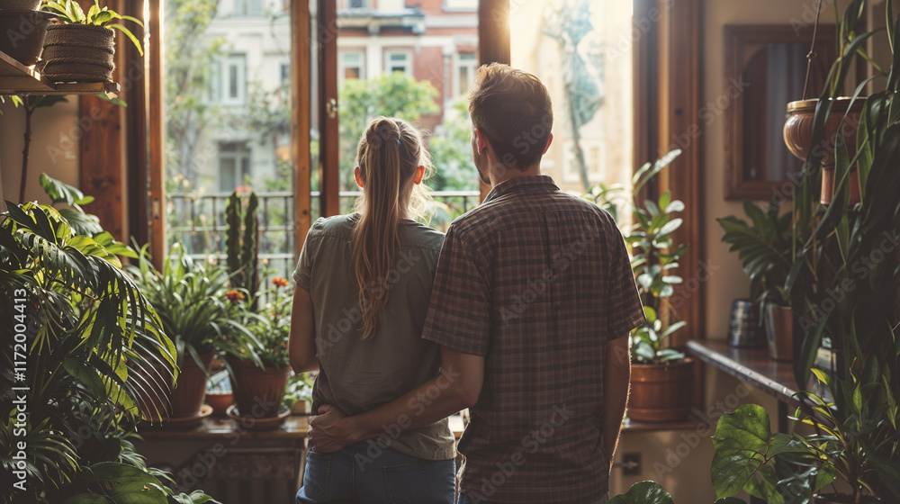 Naklejka premium Young romantic couple standing in their sunlit apartment balcony filled with potted plants and greenery, embracing while looking through wooden-framed windows at urban architecture
