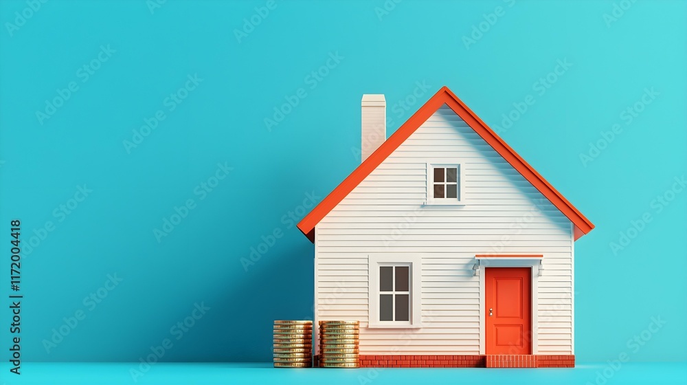 Miniature house model next to stacks of coins on a vibrant turquoise background representing real estate investment and financial growth Miniature house model next to stacks of coins on a vibrant turquoise background representing real estate investment and financial growth