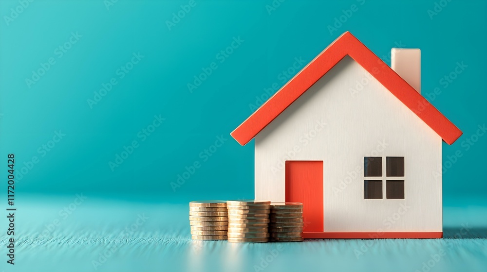 Small house model beside stacks of coins on a wooden surface, illustrating real estate investment and financial growth Small house model beside stacks of coins on a wooden surface, illustrating real estate investment and financial growth