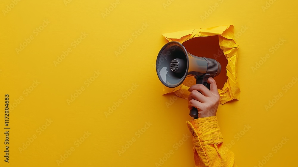 Fototapeta premium Hand Holding Megaphone Through Yellow Wall