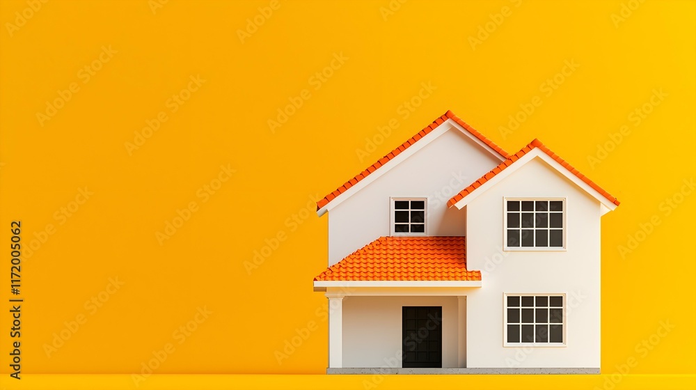 Model of a Charming White House with Orange Roof and Black Door on a Bright Yellow Background Model of a Charming White House with Orange Roof and Black Door on a Bright Yellow Background