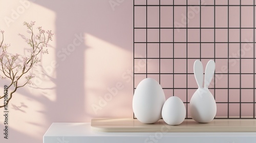 Easter bunny egg with smaller Easter eggs against black lattice with pink background. Minimalist Easter background with negative space for advertisement placement. photo