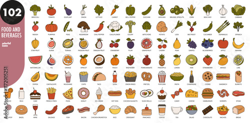 Colorful food and beverages big icons set, vector illustration. Fruits, vegetables, fast food, pastry, sweets, meat, drinks, diary, meal, snack