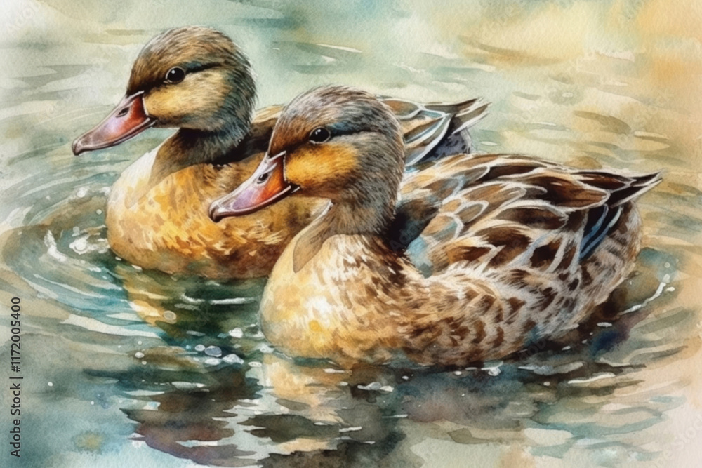 Ducks in water watercolor illustration, watercolor style,