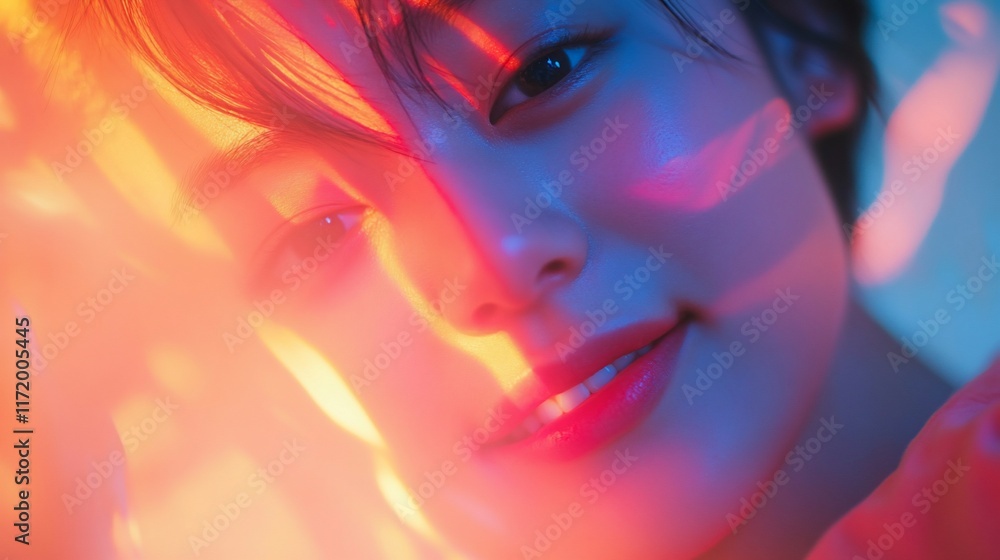 Close-up portrait of a young woman with colorful light effects on her face. Close-up portrait of a young woman with colorful light effects on her face.