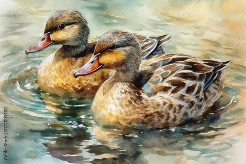 Obraz na płótnie Ducks in water watercolor illustration, watercolor style, w salonie