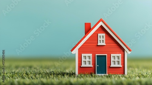 Wallpaper Mural Small Red House Model on Green Grass Against Light Blue Background for Real Estate and Home Design Concepts Torontodigital.ca