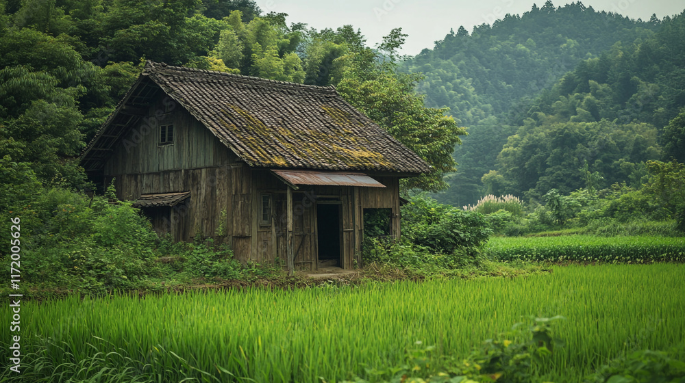Old wooden house surrounded by lush green fields in a peaceful rural area Old wooden house surrounded by lush green fields in a peaceful rural area