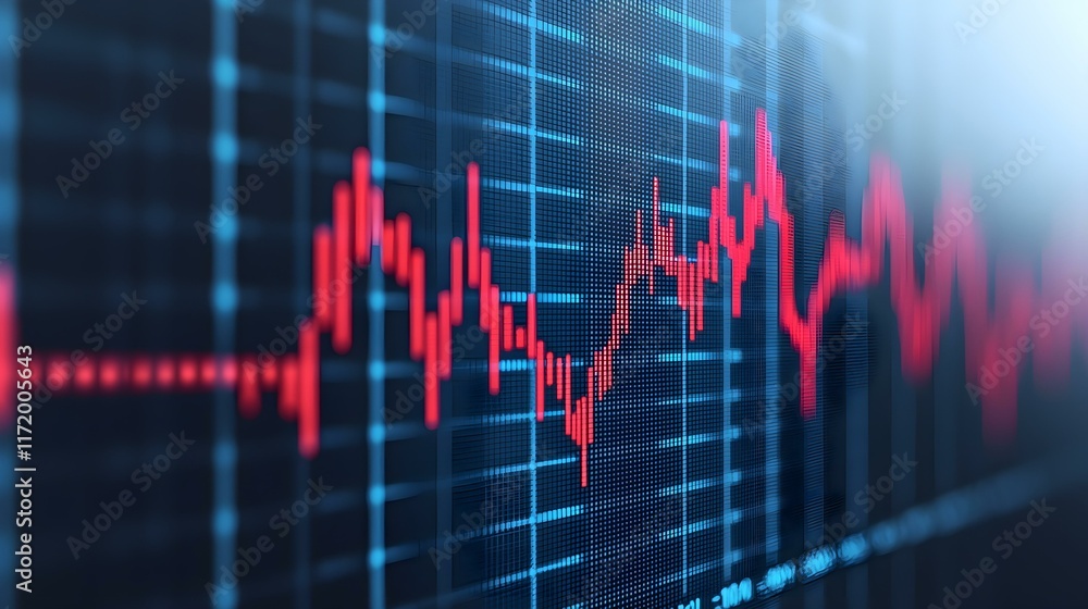Digital Financial Graph with Rising and Falling Trends in Red Against a Blue Background Representing Market Fluctuations Digital Financial Graph with Rising and Falling Trends in Red Against a Blue Background Representing Market Fluctuations