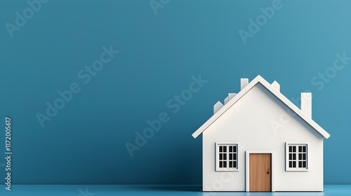 Wallpaper Mural Minimalist White House Model with Wooden Door Against a Solid Blue Background for Home and Interior Design Concepts Torontodigital.ca
