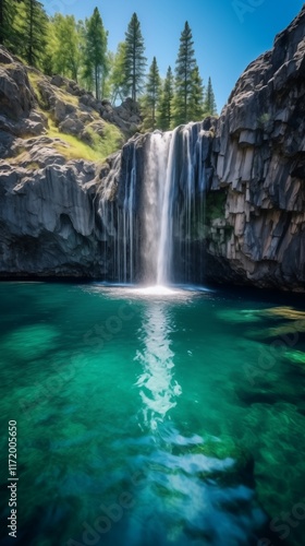 Gorgeous waterfall with crystal clear water and visible sharp watermarks, backlighting, empty space on the right side,generative ai illustration