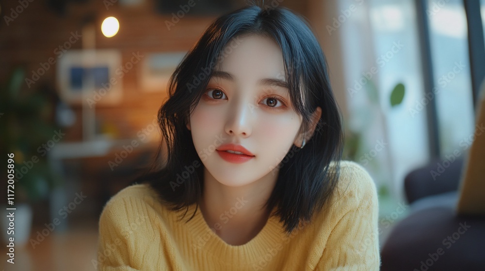 Young woman with bob haircut, wearing yellow sweater, looking at camera. Young woman with bob haircut, wearing yellow sweater, looking at camera.
