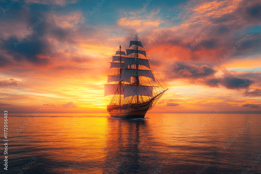 Obraz premium Majestic Tall Ship Sailing at Sunset Ocean Voyage