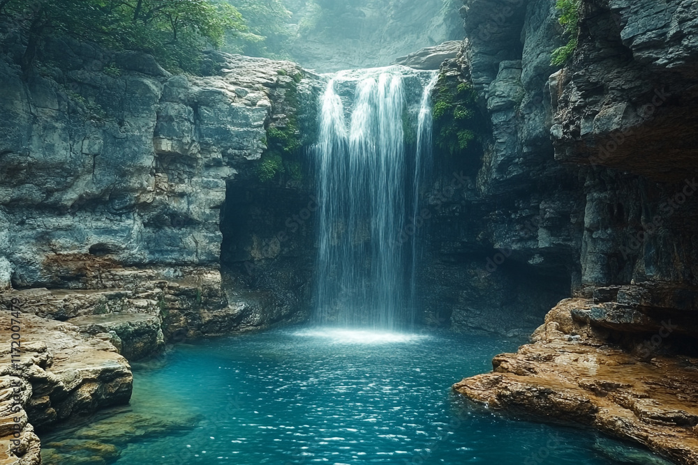 Fototapeta premium Serene Waterfall Cascades into Turquoise Pool Amidst Rocky Cliffs