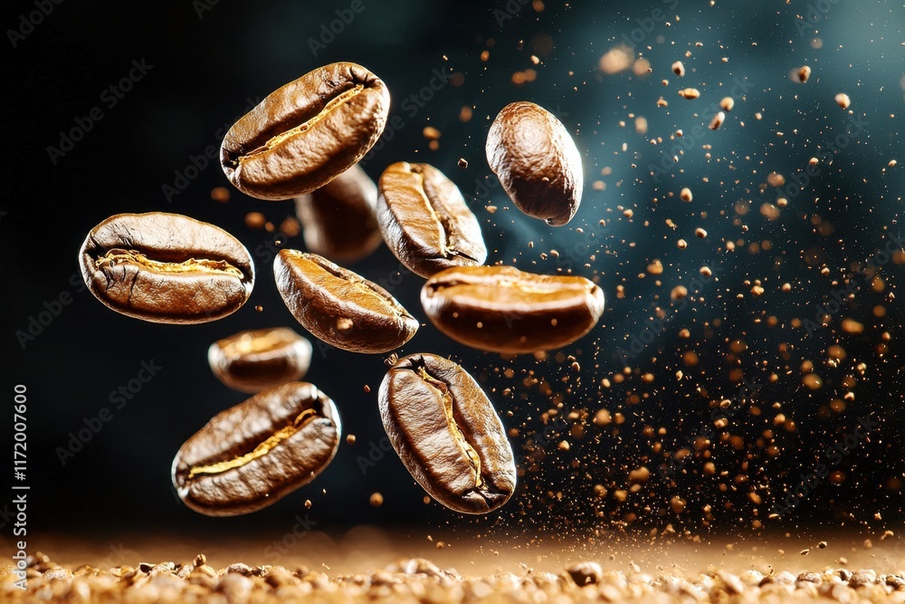 The camera captures the mesmerizing sight of coffee grains gracefully floating in the air against a dark backdrop, illustrating the essence of aroma and freshness in slow motion. The camera captures the mesmerizing sight of coffee grains gracefully floating in the air against a dark backdrop, illustrating the essence of aroma and freshness in slow motion.