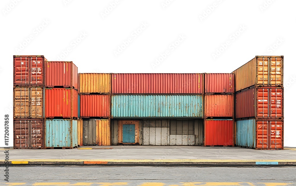 Fototapeta premium Colorful shipping containers stacked at port, awaiting transport. Global trade, logistics.