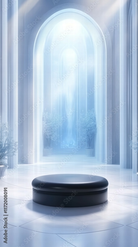 A serene, ethereal space featuring a circular platform in a luminous, architectural setting. A serene, ethereal space featuring a circular platform in a luminous, architectural setting.