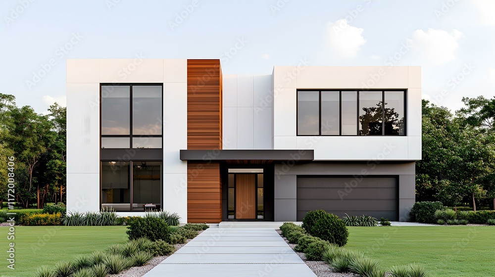 Modern Minimalist House with Large Windows and Elegant Landscape in a Serene Suburban Setting Modern Minimalist House with Large Windows and Elegant Landscape in a Serene Suburban Setting