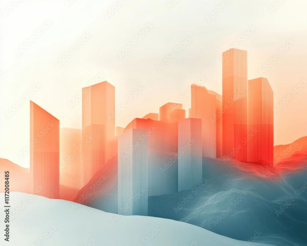 Abstract cityscape with modern structures and colors.