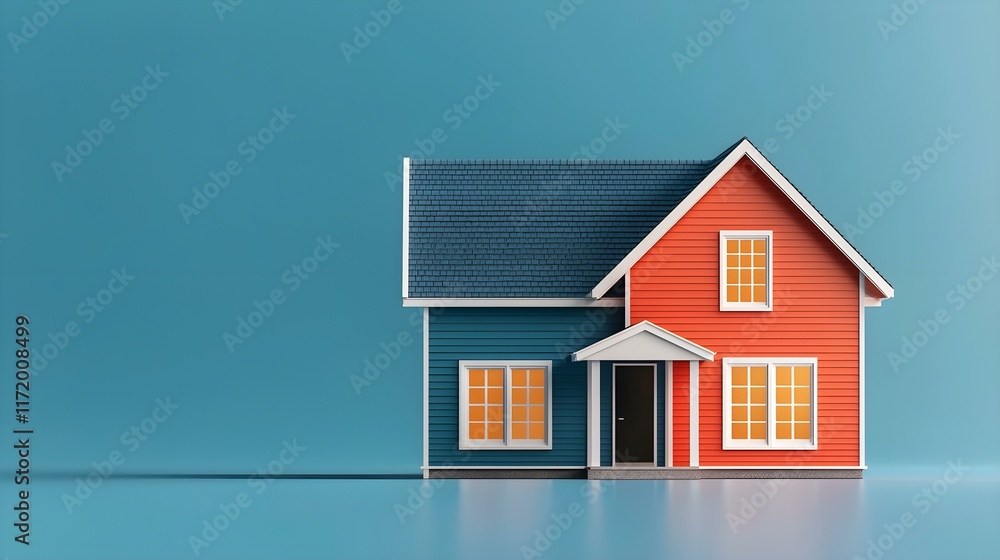 Colorful Modern House Design with Blue and Red Exterior Featuring Windows and Simple Roof Against a Solid Background Colorful Modern House Design with Blue and Red Exterior Featuring Windows and Simple Roof Against a Solid Background