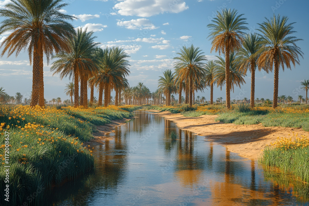 Palm trees line a tranquil desert waterway Palm trees line a tranquil desert waterway