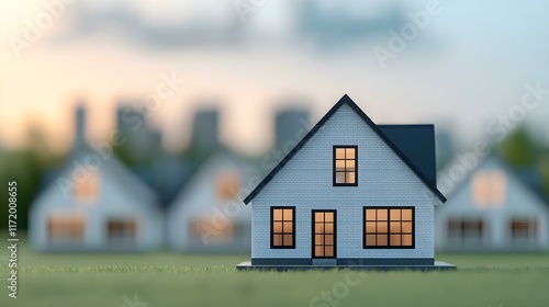 Wallpaper Mural Modern model house in focus with blurred suburban landscape and city skyline in the background during twilight Torontodigital.ca