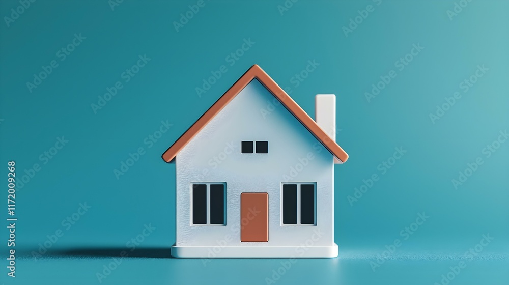 Modern Minimalist House Model with Brown Roof and White Exterior on Turquoise Background Modern Minimalist House Model with Brown Roof and White Exterior on Turquoise Background