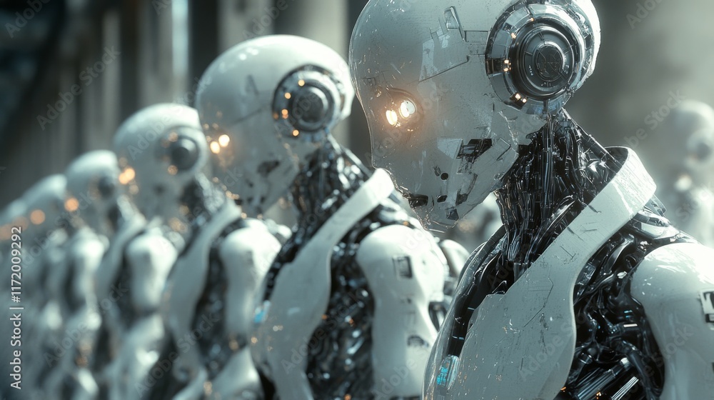 Row of futuristic humanoid robots with glowing details Row of futuristic humanoid robots with glowing details