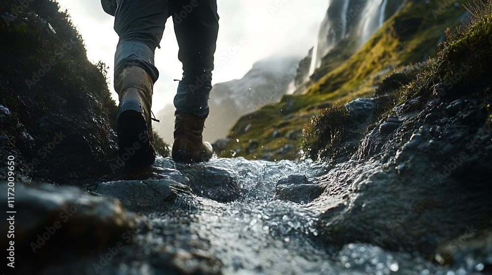 Hiker Trekking Through Rocky Stream Near Waterfall Hiker Trekking Through Rocky Stream Near Waterfall