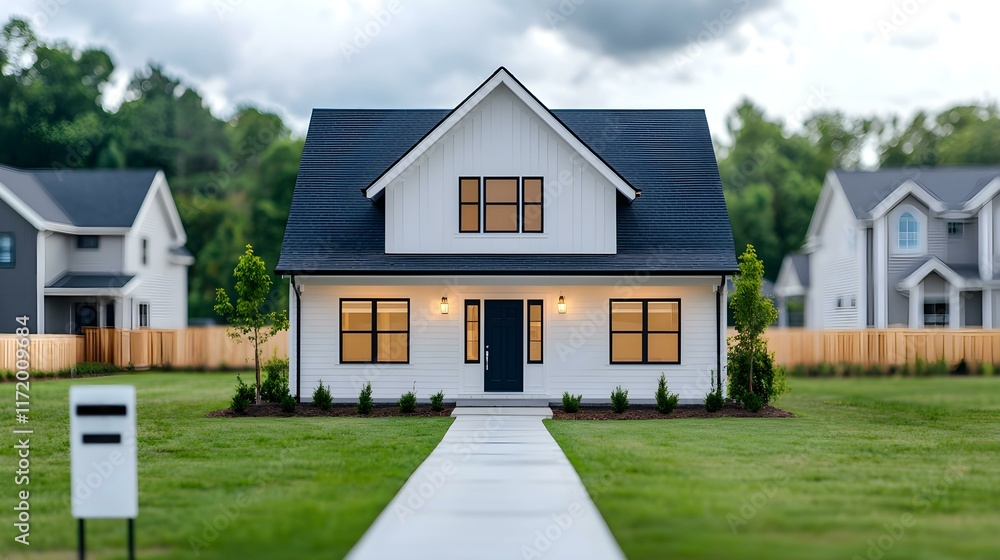 Charming Modern Home Surrounded by Lush Greenery with Walkway and Clean Lines Under a Cloudy Sky Charming Modern Home Surrounded by Lush Greenery with Walkway and Clean Lines Under a Cloudy Sky