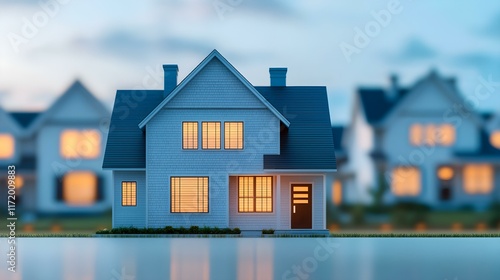 Wallpaper Mural Beautiful Model House with Warm Lighting in Front of Soft Focus Neighborhood at Dusk Torontodigital.ca