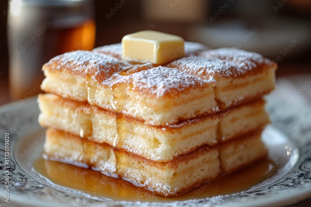 Close-up of waffles with powdered sugar on a plate Close-up of waffles with powdered sugar on a plate