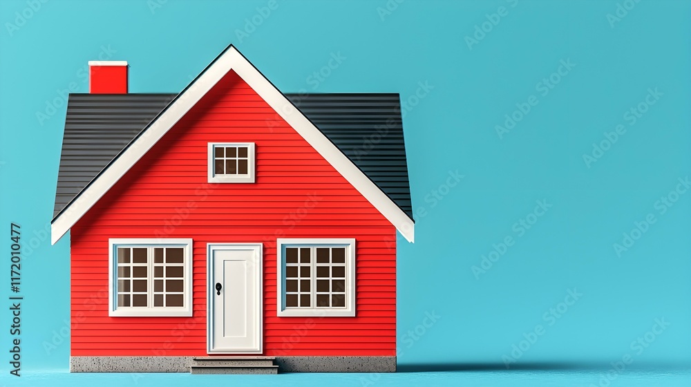 Bright Red House Model with White Trim and Modern Design Against a Turquoise Background Bright Red House Model with White Trim and Modern Design Against a Turquoise Background
