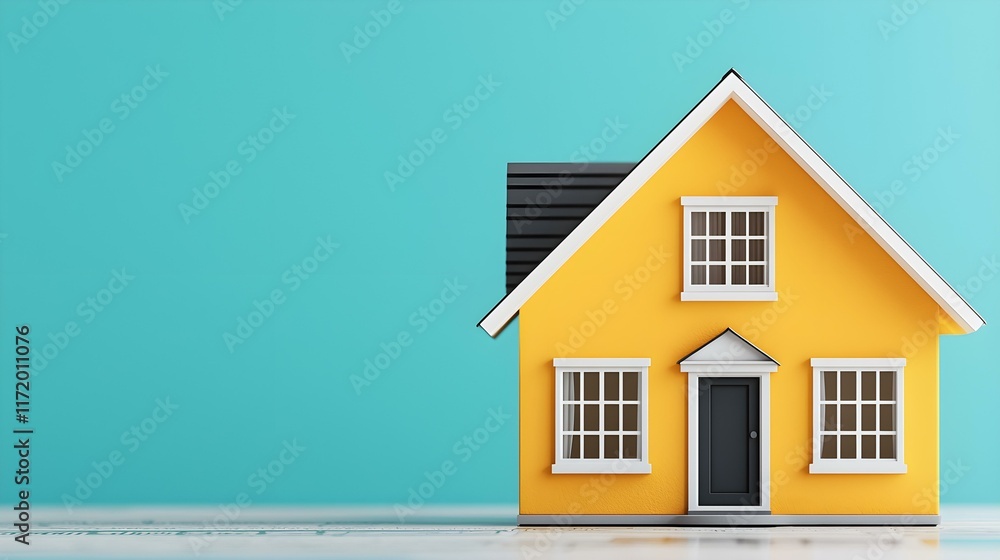 Bright Yellow House Model on Blue Background with Contrast and Modern Design Elements for Home Decor Concepts Bright Yellow House Model on Blue Background with Contrast and Modern Design Elements for Home Decor Concepts