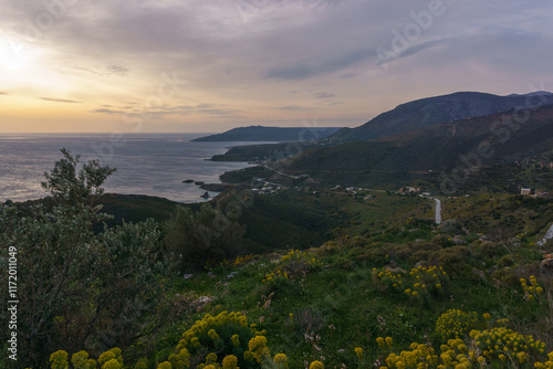 Scenic view at the picturesque mediterranean coast of the peninsula Mani during sunset, Peloponnese, Greece photo