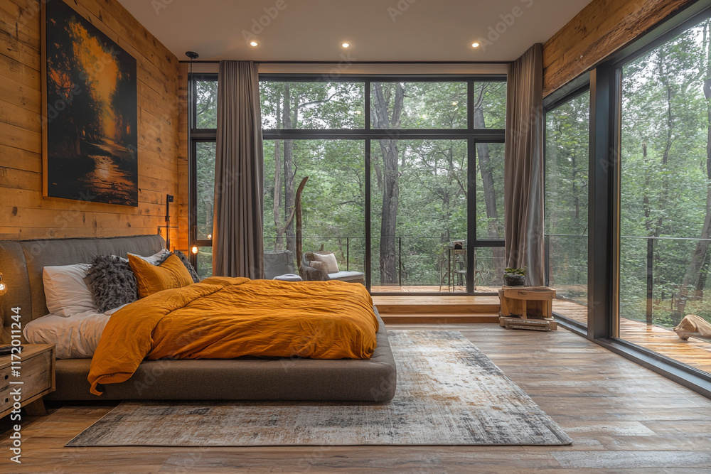 Fototapeta premium Modern Bedroom Design With Forest View And Wooden Walls