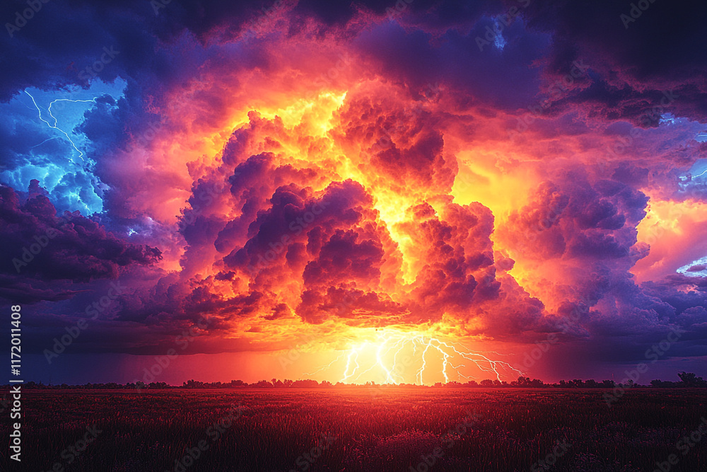 Fiery Sunset Storm Clouds with Dramatic Lightning Bolts Fiery Sunset Storm Clouds with Dramatic Lightning Bolts