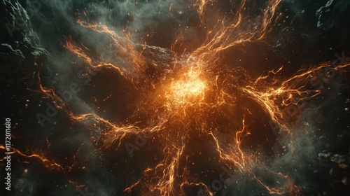 Abstract fiery cosmic explosion, swirling energy vortex. photo