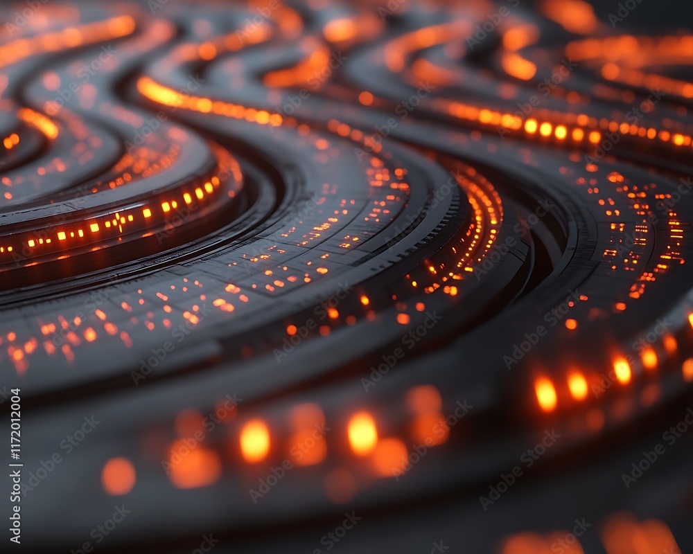 Abstract glowing orange lines curve on dark background. Abstract glowing orange lines curve on dark background.
