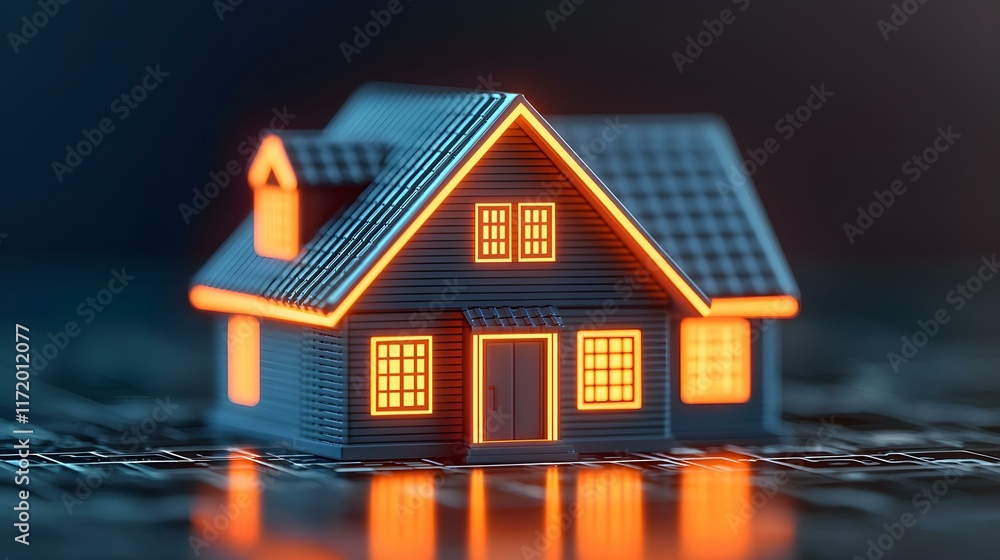 Miniature house model with glowing outline placed on digital background representing smart home technology concept Miniature house model with glowing outline placed on digital background representing smart home technology concept