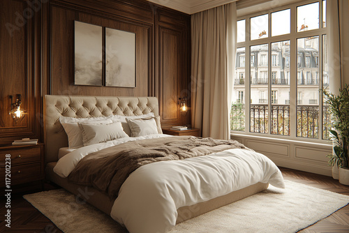 Elegant Parisian Bedroom With Wooden Walls And City View