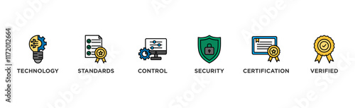 ISO27001 banner web icon illustration concept for information security management system (ISMS) with an icon of technology, standards, control, security, certification, and verified