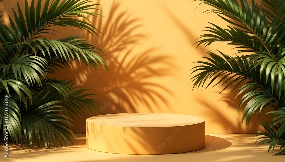 Obraz premium Summery Minimalist Palm Leaves and Yellow Platform