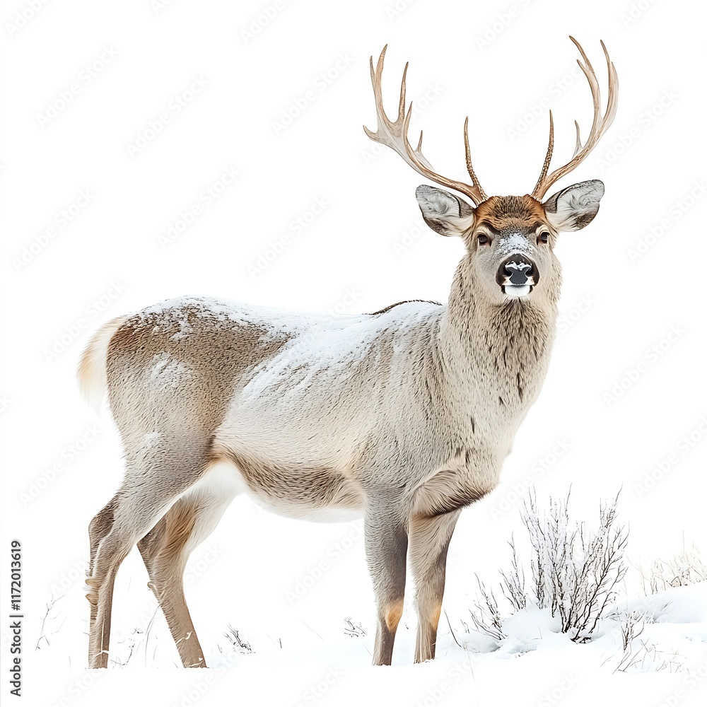 Obraz premium Majestic winter deer in snowy landscape; wildlife photography for nature calendars.