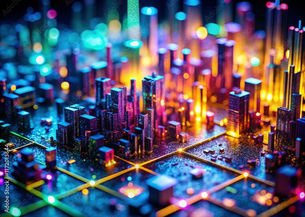 High-resolution image: a digital tilt-shift miniature scene, abstract data visualized as binary code. High-resolution image: a digital tilt-shift miniature scene, abstract data visualized as binary code.