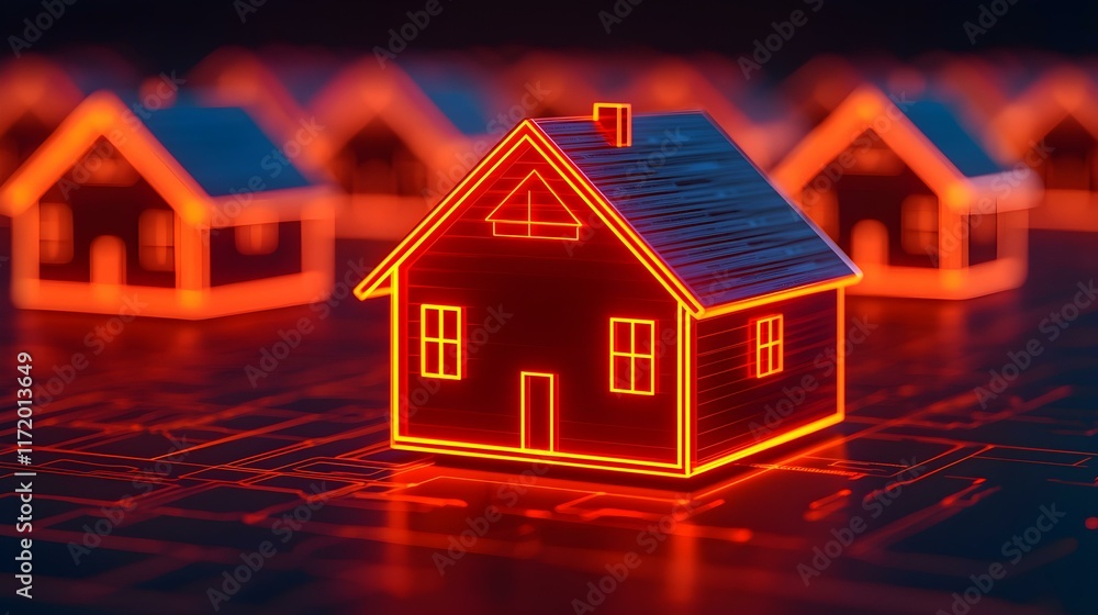 Digital House Model with Neon Glow on Circuit Board Background Representing Smart Home Technology Innovation Digital House Model with Neon Glow on Circuit Board Background Representing Smart Home Technology Innovation